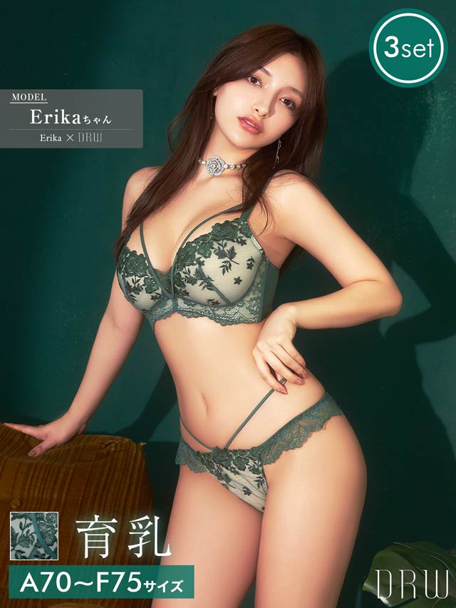 【Erikaプロデュース】【3点セット】W盛り★エレガントブルーム育乳脇高ブラジャー&フルバック&Tバックショーツ