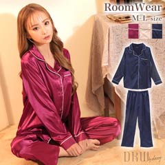ポケット付きシンプルサテントップス&ロングパンツ上下セット