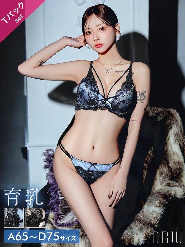 ビターサテンコード育乳脇高ブラジャー&バック透けTバックショーツ