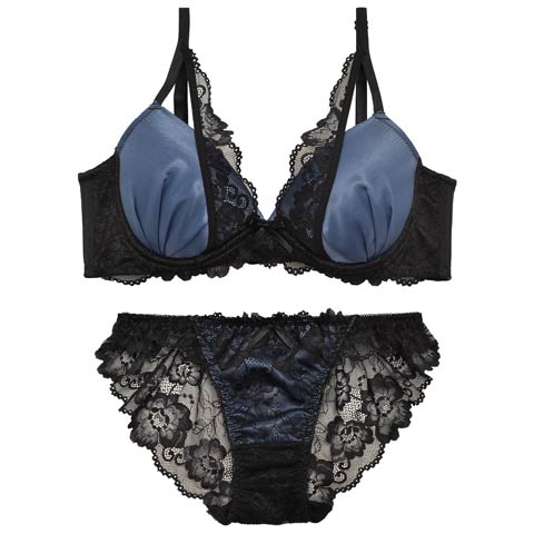 ジュエリーサテンレース育乳脇高ブラジャー&バック透けフルバックショーツ