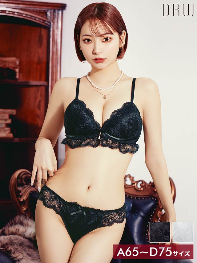 レーシィリボンスカラップブラジャー&バック透けフルバックショーツ