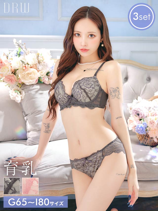 【3点セット】【GHIサイズ】フェミニンシンプルレース育乳脇高ブラジャー&フルバック&Tバックショーツ