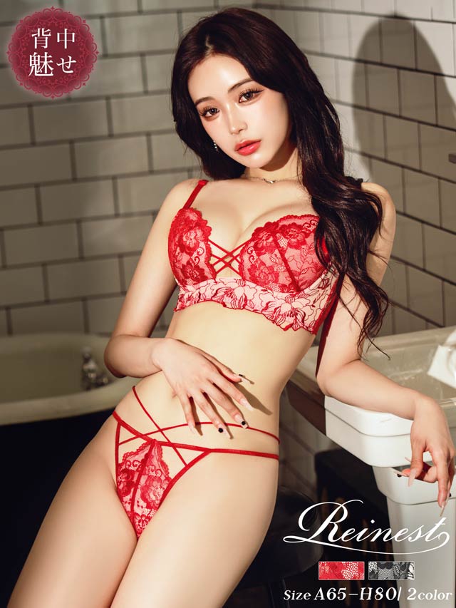 【Reinest】ストリングビスチェフラワー背中魅せブラブラジャー&バック透けフルバックショーツ