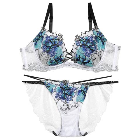 【Reinest】ファブリックレースアップフラワーブラジャー&バック透けフルバックショーツ