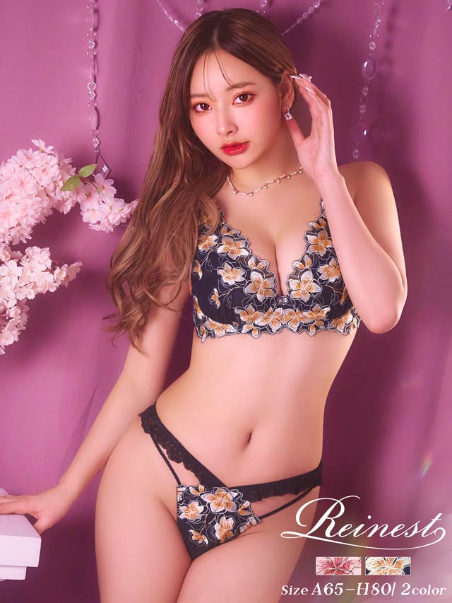 【Reinest】プルメリアエンブロイダリーブラジャー&バック透けフルバックショーツ